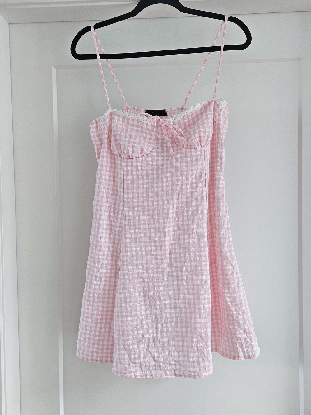 Delicate Pink Gingham Mini Dress with Lace Trim